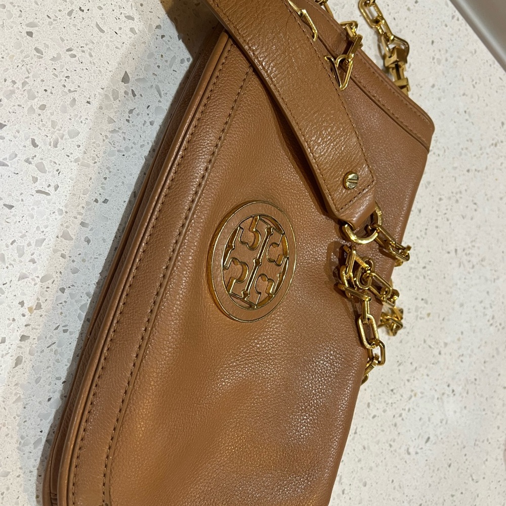 Tory Burch Brown Leather Shoulder Bag with Gold Chain